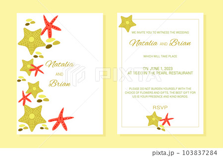 Wedding invitation summer marine theme plants layout.Starfish, pebbles. A frame of marine elements with text. Vector illustration. 103837284
