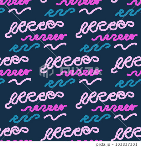 Seamless color pattern of linear doodle squiggles. The style of the 90s. Bright abstract design for background, banner, poster of various shapes. Vector illustration. 103837301