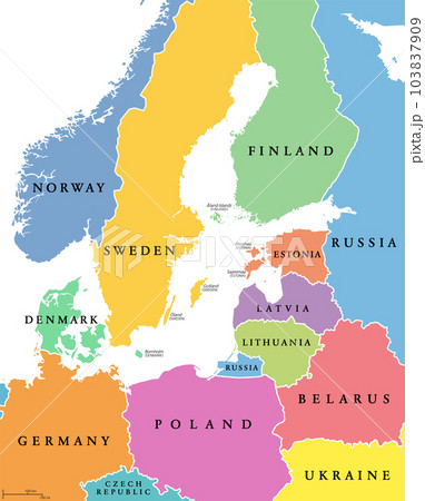 Baltic Sea area, colored countries, political map, with national borders and English names. Countries along the coast of the Baltic Sea, with surrounding countries in Europe. Isolated illustration. Baltic Sea area, colored countries, political map, with national borders and English names. Countries along the coast of the Baltic Sea, with surrounding countries in Europe. Isolated illustration. 103837909