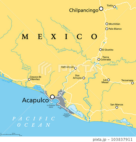 Acapulco and surroundings, political map. Acapulco de Juarez, city and major port of call in state of Guerrero on the Pacific Coast of Mexico. Popular tourist spot and port of call for cruise ships. Acapulco and surroundings, political map. Acapulco de Juarez, city and major port of call in state of Guerrero on the Pacific Coast of Mexico. Popular tourist spot and port of call for cruise ships. 103837911