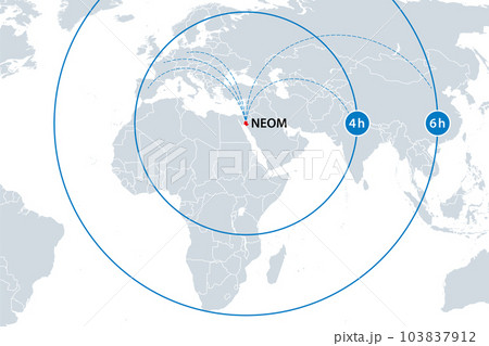 NEOM, short distance flights to major cities, map. It is claimed, with short flights from Neom (a planned smart city in Saudi Arabia), major international cities will be reached within 4 to 6 hours. 103837912
