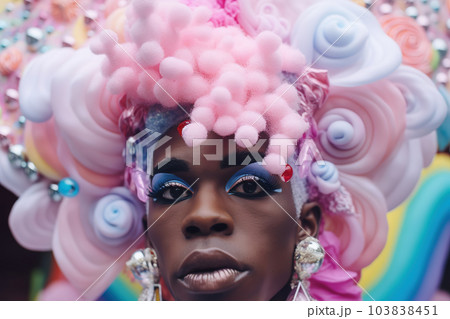 African man with multicolored eyeshadows on his eyelids and glitter. Black drag queen candycore aesthetic. Closeup portrait. Generative AI African man with multicolored eyeshadows on his eyelids and glitter. Black drag queen candycore aesthetic. Closeup portrait. Generative AI 103838451