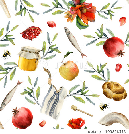 Rosh hashanah watercolor seamless pattern on white background for Jewish new year gift wrapping and greeting designs with pomegranates, honey, apples, blowing shofar, flowers, challah Rosh hashanah watercolor seamless pattern on white background for Jewish new year gift wrapping and greeting designs with pomegranates, honey, apples, blowing shofar, flowers, challah 103838558