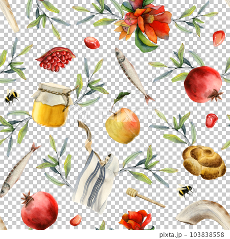 Rosh hashanah watercolor seamless pattern on white background for Jewish new year gift wrapping and greeting designs with pomegranates, honey, apples, blowing shofar, flowers, challah Rosh hashanah watercolor seamless pattern on white background for Jewish new year gift wrapping and greeting designs with pomegranates, honey, apples, blowing shofar, flowers, challah 103838558