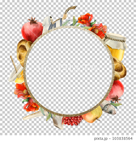 Rosh Hashanah round greeting card template with copyspace watercolor illustration isolated on white background for Jewish New year. Shana tova symbols frame with pomegranates, honey, challah Rosh Hashanah round greeting card template with copyspace watercolor illustration isolated on white background for Jewish New year. Shana tova symbols frame with pomegranates, honey, challah 103838564
