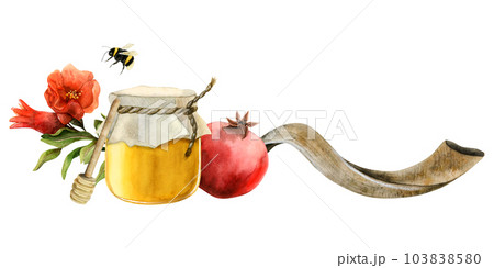 Rosh Hashanah Horizontal greeting banner template with honey jar, pomegranate fruit and flowers, long shofar horn watercolor illustration isolated on white for Jewish new year and yom kippur 103838580
