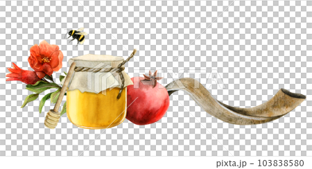 Rosh Hashanah Horizontal greeting banner template with honey jar, pomegranate fruit and flowers, long shofar horn watercolor illustration isolated on white for Jewish new year and yom kippur 103838580