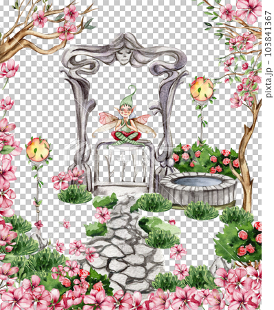 Composition with forest fairy, green tree and bushes . Watercolor hand drawn illustration . Perfect for greeting card, poster, wedding invitation, party decor. Composition with forest fairy, green tree and bushes . Watercolor hand drawn illustration . Perfect for greeting card, poster, wedding invitation, party decor. 103841367