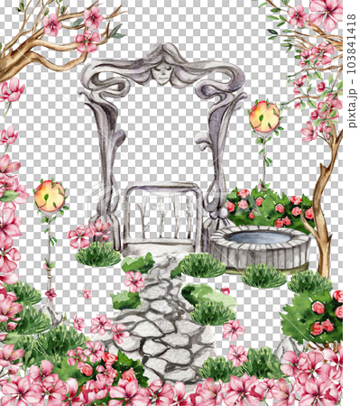 Composition with green tree and bushes . Watercolor hand drawn illustration . Perfect for greeting card, poster, wedding invitation, party decor. Composition with green tree and bushes . Watercolor hand drawn illustration . Perfect for greeting card, poster, wedding invitation, party decor. 103841418