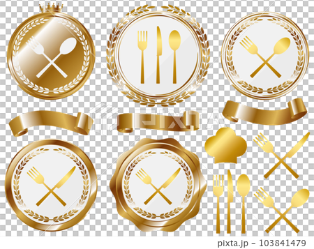 Luxury cutlery emblem and ribbon set white & gold Luxury cutlery emblem and ribbon set white & gold 103841479