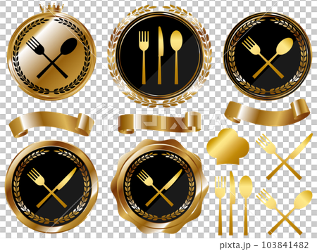 Luxury cutlery emblem and ribbon set black & gold 103841482