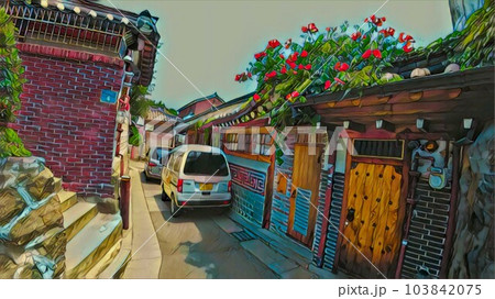 住宅街と路地の風景画 住宅街と路地の風景画 103842075