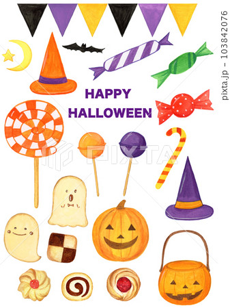 手描き水彩のハロウィンスイーツのイラストセット 103842076
