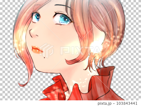 嘴角有痣、臉型斜向上的少女線描彩繪頭髮=棕色無背景 103843441