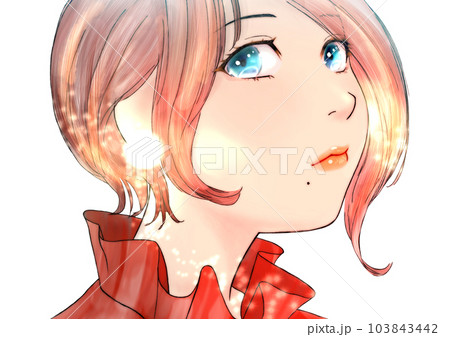 口元にほくろがある、斜め上向き顔の女の子の線画カラーイラスト　髪=茶　背景無し 103843442