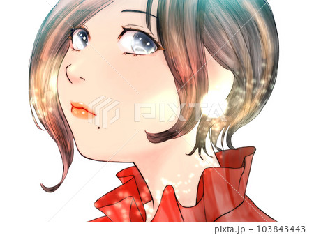 口元にほくろがある、斜め上向き顔の女の子の線画カラーイラスト 髪=黒 背景無し 口元にほくろがある、斜め上向き顔の女の子の線画カラーイラスト 髪=黒 背景無し 103843443