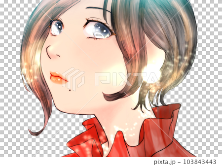 口元にほくろがある、斜め上向き顔の女の子の線画カラーイラスト 髪=黒 背景無し 口元にほくろがある、斜め上向き顔の女の子の線画カラーイラスト 髪=黒 背景無し 103843443