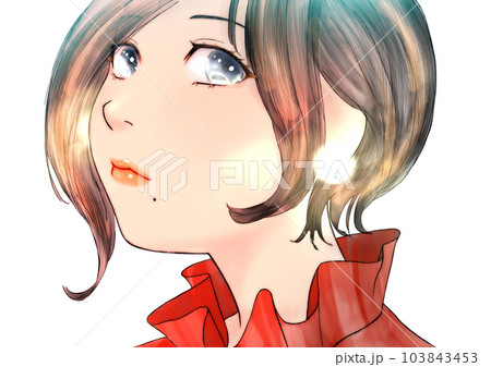 口元にほくろがある、斜め上向き顔の女の子の線画カラーイラスト 髪=黒 背景無し 口元にほくろがある、斜め上向き顔の女の子の線画カラーイラスト 髪=黒 背景無し 103843453