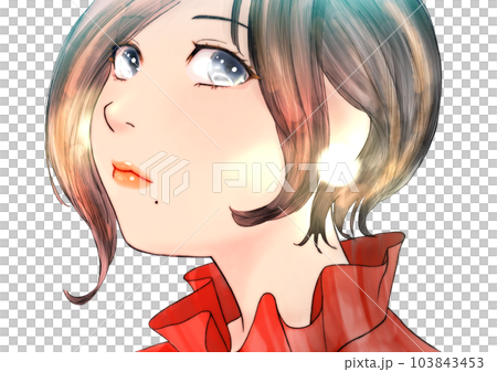 口元にほくろがある、斜め上向き顔の女の子の線画カラーイラスト 髪=黒 背景無し 口元にほくろがある、斜め上向き顔の女の子の線画カラーイラスト 髪=黒 背景無し 103843453