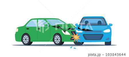 Car accident. Damaged transport on the road. Collision of two cars, side view. Road collisition. Damaged transport. Collision on road, safety of driving personal vehicles, car insurance. Vector. 103843644