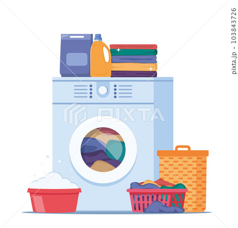 Laundry, elements of washing process. Washing clothes. Dirty linen, washing machine, pile of clean clothes, detergent. Housekeeping concept vector illustration. Laundry, elements of washing process. Washing clothes. Dirty linen, washing machine, pile of clean clothes, detergent. Housekeeping concept vector illustration. 103843726