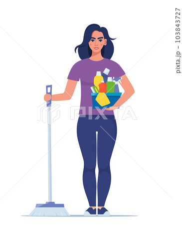 Cute woman character stands with brush for sweeping the floor and set of detergents. Cleaning concept vector illustration. Woman cleans the house. Cleaning service. Spring cleaning. Cute woman character stands with brush for sweeping the floor and set of detergents. Cleaning concept vector illustration. Woman cleans the house. Cleaning service. Spring cleaning. 103843727