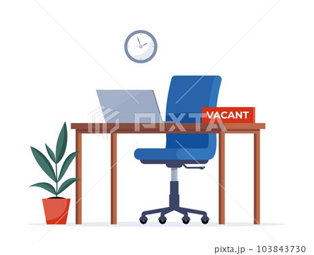 Vacant office workplace. We are hiring employment vacant sign. New company executives vacancy. Empty office armchair for executive. Recruitment and people management vector concept illustration. Vacant office workplace. We are hiring employment vacant sign. New company executives vacancy. Empty office armchair for executive. Recruitment and people management vector concept illustration. 103843730