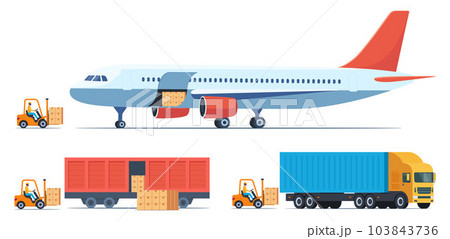 Loading boxes with goods into different types of cargo transport. Cargo plane, train, truck and forklift loads cargo into them. Cargo and delivery, logistics and freight traffic, vector illustration. Loading boxes with goods into different types of cargo transport. Cargo plane, train, truck and forklift loads cargo into them. Cargo and delivery, logistics and freight traffic, vector illustration. 103843736