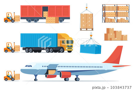 Loading boxes with goods into different types of cargo transport. Cargo plane, train, truck and forklift loads cargo into them. Cargo and delivery, set of elements, vector illustration. 103843737