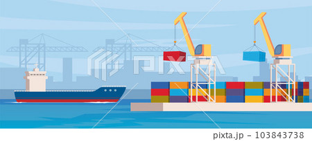 Cargo ship loading in city port. Cranes on dockside, pier unloading shipping containers from freight vessel to shore. Vector illustration in flat style. Cargo ship loading in city port. Cranes on dockside, pier unloading shipping containers from freight vessel to shore. Vector illustration in flat style. 103843738