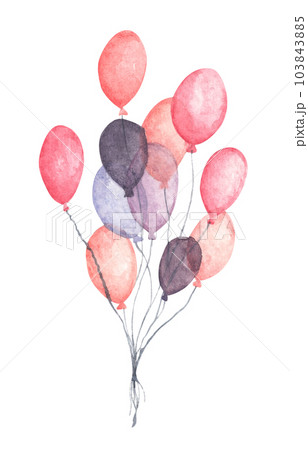 Watercolor air balloons. Hand drawn pack of party pink and purple balloons. 103843885