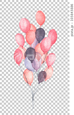 Watercolor air balloons. Hand drawn pack of party pink and purple balloons. 103843886