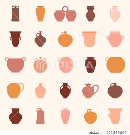 Clay pots set. Vector flat silhouette illustration pottery. Traditional Ukrainian dishes Clay pots set. Vector flat silhouette illustration pottery. Traditional Ukrainian dishes 103846065