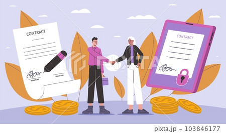 People sign contract. Two sides cooperation. Partners signing important documents. Business persons shake hands. Certified agreement. Deal conclusion. Approval signature. Vector concept People sign contract. Two sides cooperation. Partners signing important documents. Business persons shake hands. Certified agreement. Deal conclusion. Approval signature. Vector concept 103846177