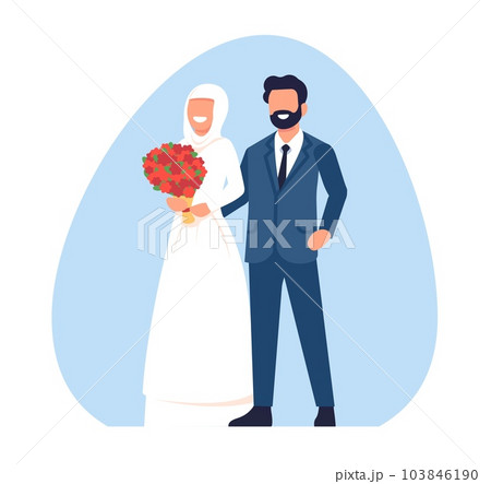 Muslim wedding couple. Happy bride and groom. Holiday dress and suit. Islamic marriage celebration. Arabic newlyweds. Wife and husband portrait. Married man and woman. Vector concept Muslim wedding couple. Happy bride and groom. Holiday dress and suit. Islamic marriage celebration. Arabic newlyweds. Wife and husband portrait. Married man and woman. Vector concept 103846190