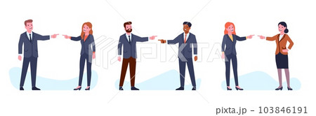 Men and women blaming each other, looking for someone to blame. Business people conflict. Colleagues pointing fingers to culprit. Managers quarrel. Vector arguing office workers set Men and women blaming each other, looking for someone to blame. Business people conflict. Colleagues pointing fingers to culprit. Managers quarrel. Vector arguing office workers set 103846191