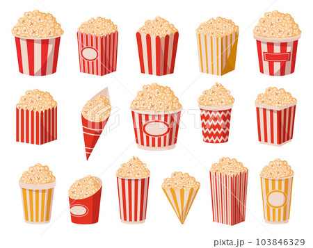 Popcorn paper cups. Cartoon tasty popcorn buckets, salty or sweet flavour tv or movie watching snack flat vector illustration set. Popping corn bucket collection Popcorn paper cups. Cartoon tasty popcorn buckets, salty or sweet flavour tv or movie watching snack flat vector illustration set. Popping corn bucket collection 103846329