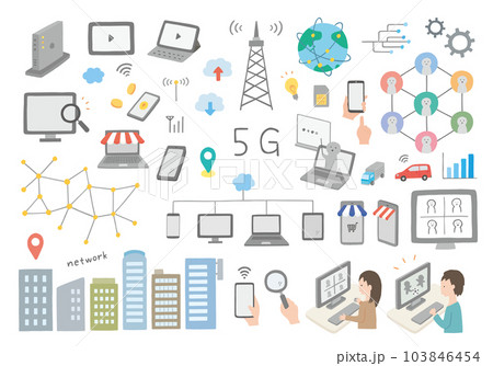 5G・ネットにまつわる手描きイラストセット(カラー/輪郭線なし) 5G・ネットにまつわる手描きイラストセット(カラー/輪郭線なし) 103846454