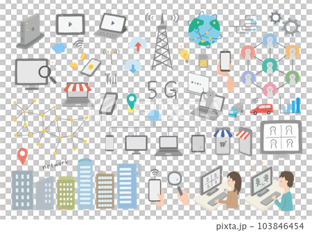 5G・ネットにまつわる手描きイラストセット(カラー/輪郭線なし) 5G・ネットにまつわる手描きイラストセット(カラー/輪郭線なし) 103846454