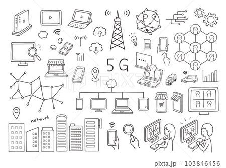 5G・ネットにまつわる手描きイラストセット(モノクロ) 5G・ネットにまつわる手描きイラストセット(モノクロ) 103846456