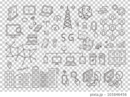 5G・ネットにまつわる手描きイラストセット(モノクロ) 5G・ネットにまつわる手描きイラストセット(モノクロ) 103846456