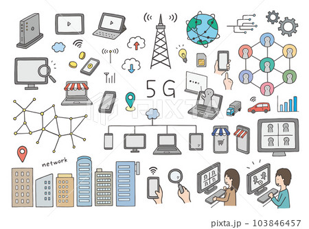 5G・ネットにまつわる手描きイラストセット（カラー） 103846457