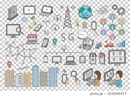 5G・ネットにまつわる手描きイラストセット（カラー） 103846457