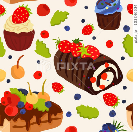 Cakes and berries. Vector seamless pattern. Cakes and berries. Vector seamless pattern. 103846634