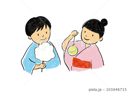 夏祭りで綿菓子を持つ男の子とヨーヨーを持つ女の子 103846715