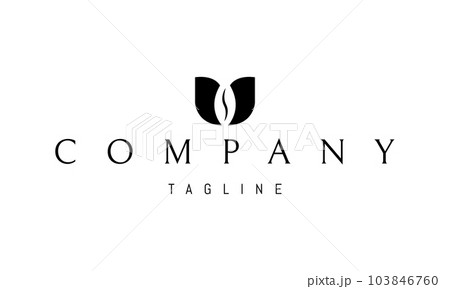 Vector logo on which an abstract image of a cup of coffee made up of two sheets and a silhouette of a coffee bean in the middle. Vector logo on which an abstract image of a cup of coffee made up of two sheets and a silhouette of a coffee bean in the middle. 103846760