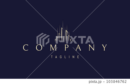 Vector golden logo on which an abstract image of a high-tech city in a linear style. Vector golden logo on which an abstract image of a high-tech city in a linear style. 103846762