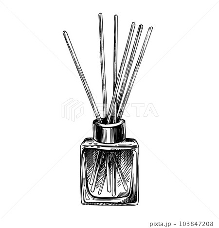 Aroma diffuser in a square glass bottle with sticks. Graphic illustration, hand drawn in black and white. EPS vector. Isolated object on a white background. 103847208