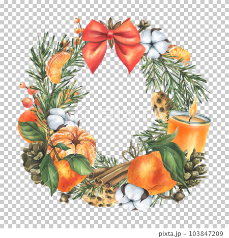 Tangerines with bow, cotton, pine branches and cones, sweets, candle and spices. Watercolor illustration hand drawn for Christmas decor. Round wreath isolated on white background. 103847209