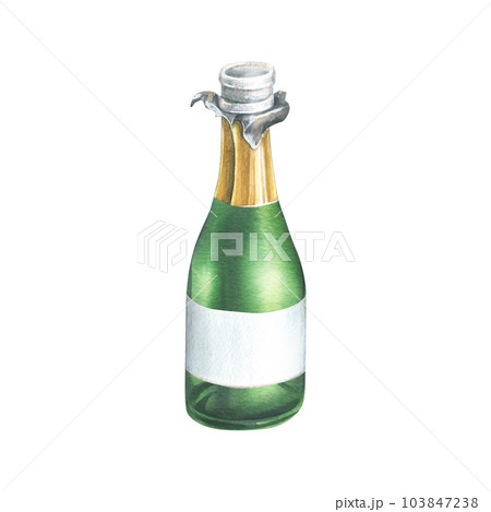 An open green bottle with champagne, a golden wrapper and an empty white label. Watercolor illustration, hand drawn. Isolated object on a white background. An open green bottle with champagne, a golden wrapper and an empty white label. Watercolor illustration, hand drawn. Isolated object on a white background. 103847238